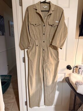 Vtg 80s Dreams Jumpsuit Womens M Khaki Corduroy Textured Utility Boilersuit Suit